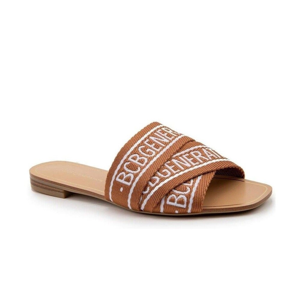 BCBGeneration Womens 7 M Camel Brown Logo Slip On Flat Flip Flop Sandals NIB IH5